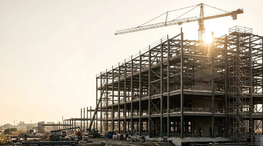 Mehrgeschossiges Industriegebäude in Stahlskelettbauweise im Bau bei Sonnenuntergang