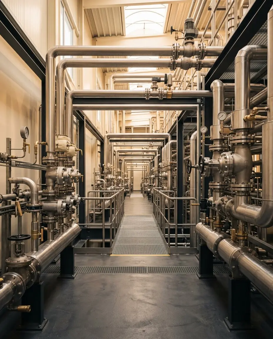 Industrielle Anlagenausrüstung und Rohrleitungen im warmen Abendlicht