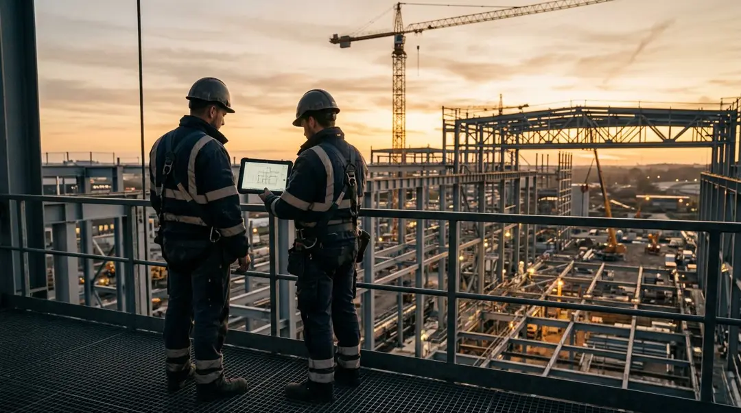 Zwei Bauingenieure mit Schutzhelm prüfen Pläne über einer Stahlbaustelle